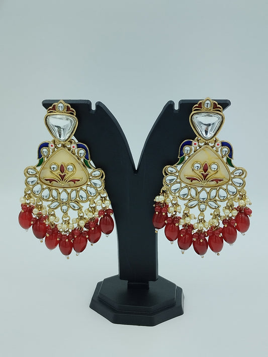 Handcrafted Maroon Meenakari Gold Plated Kundan & Pearl-Embellished Bridal Earrings